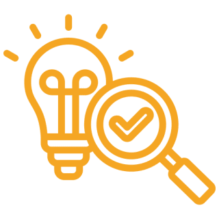 Lightbulb and magnifying glass with checkmark.