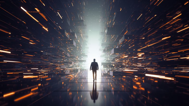 Silhouette walking through digital light tunnel.