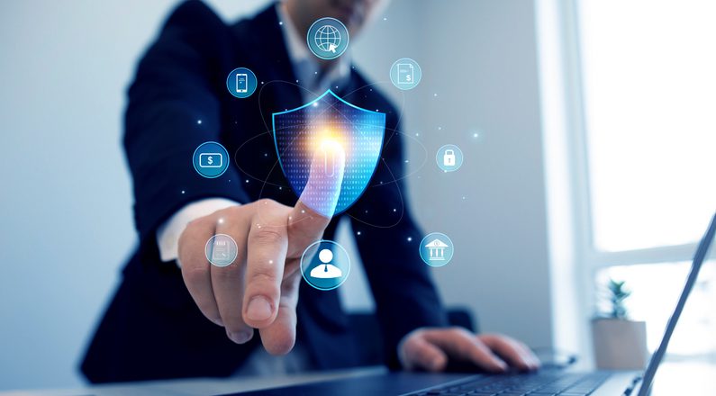 Businessman interacting with digital security interface.