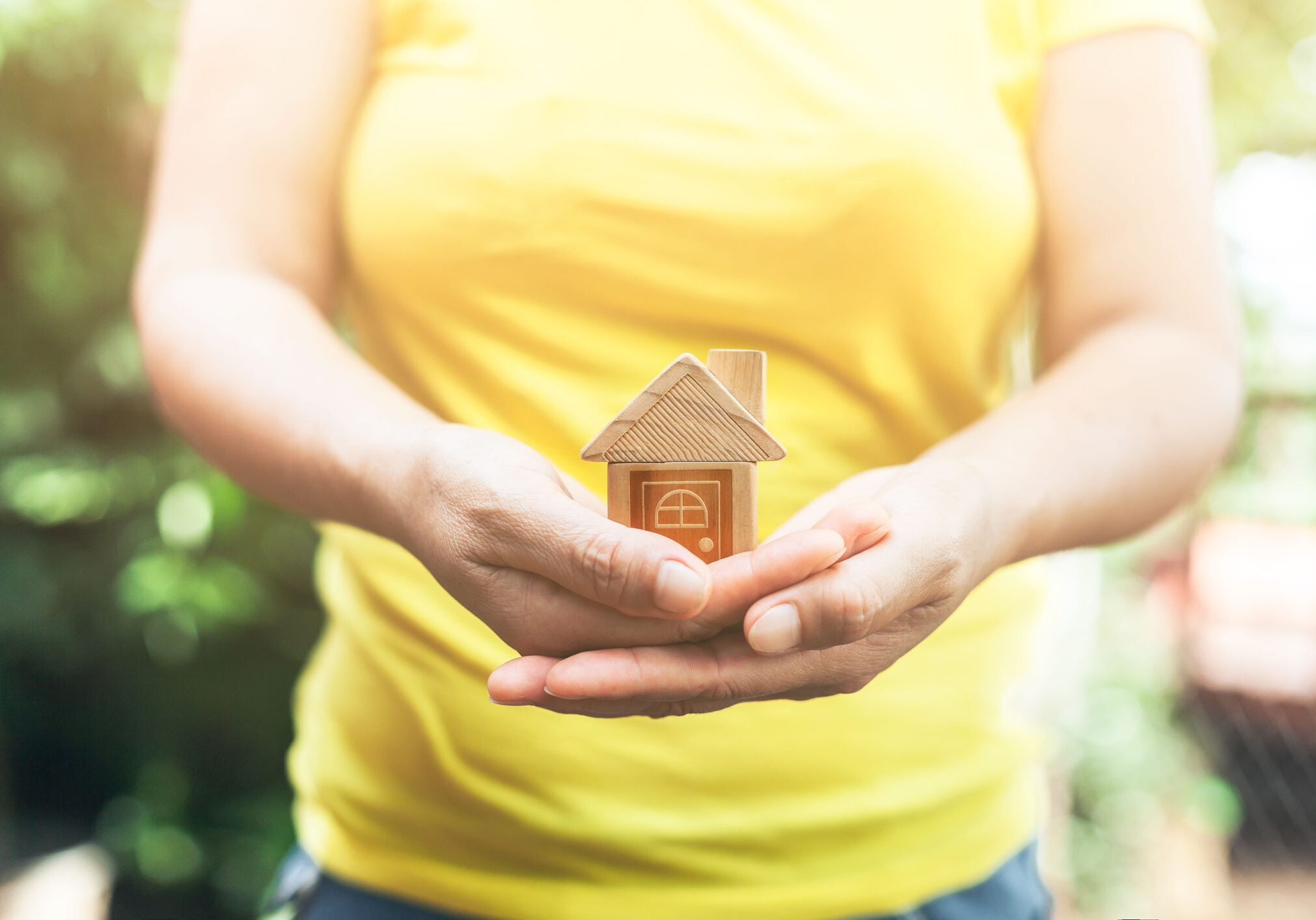 Hands holding small wooden house model.