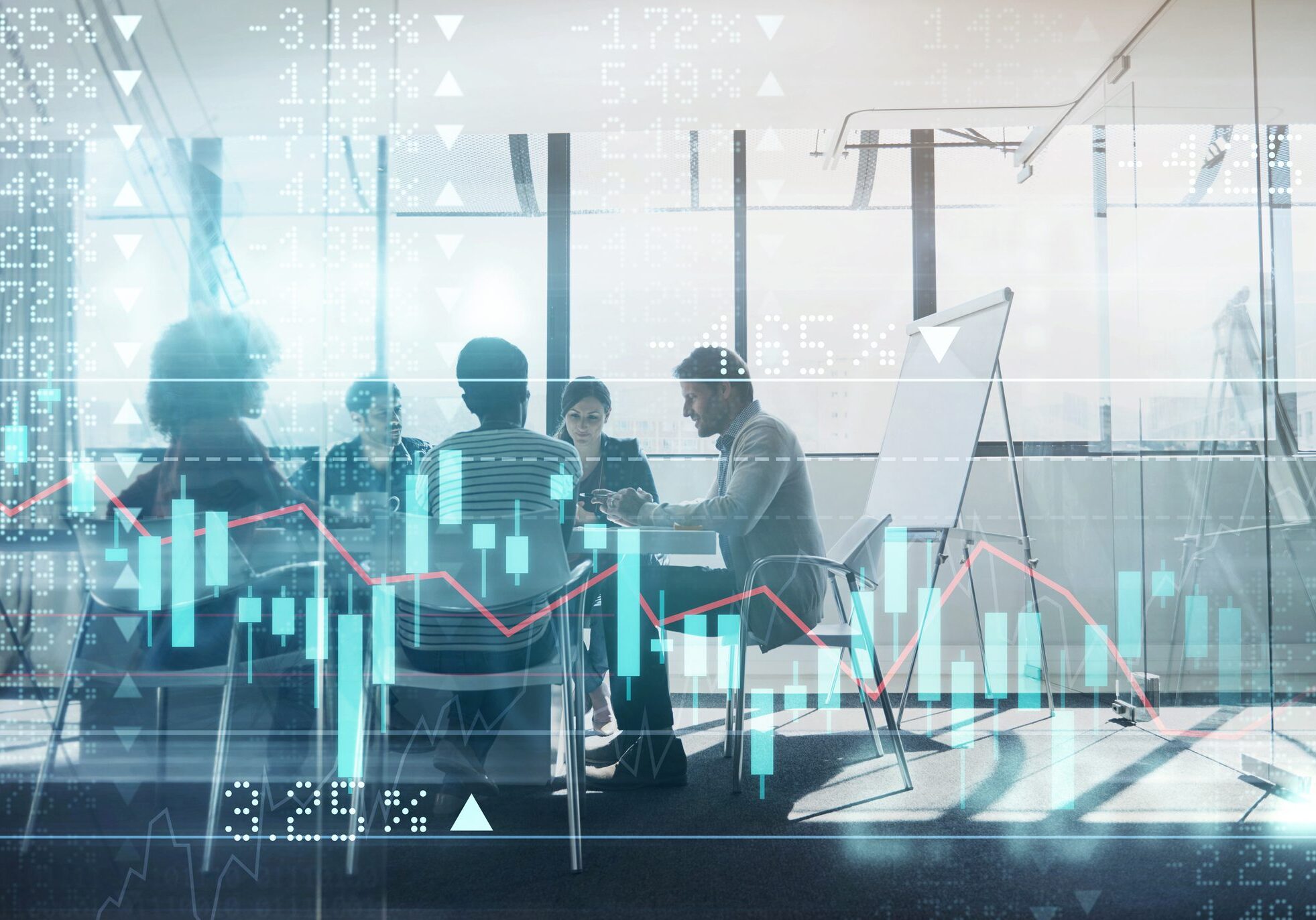 Business meeting with financial charts overlay.