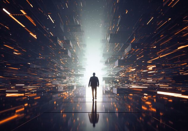 Silhouette walking through digital light tunnel.