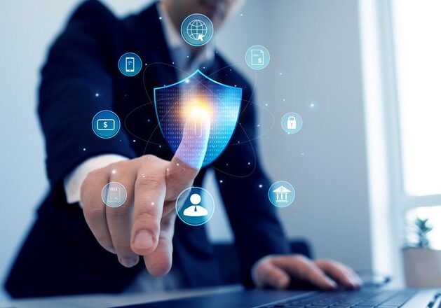 Businessman interacting with digital security interface.